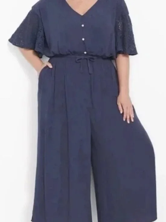 Lane Bryant Jumpsuit Navy One Piece Tie Waist Cottage Boho Lace Sleeve Size 20 - Picture 2 of 8